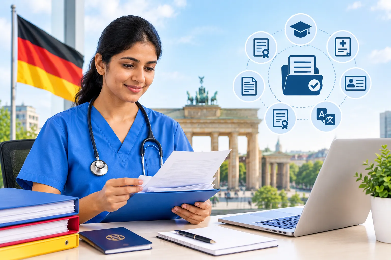 Indian nurse reviewing documents for nursing recognition in Germany, with qualification folders and German landmarks in the background.