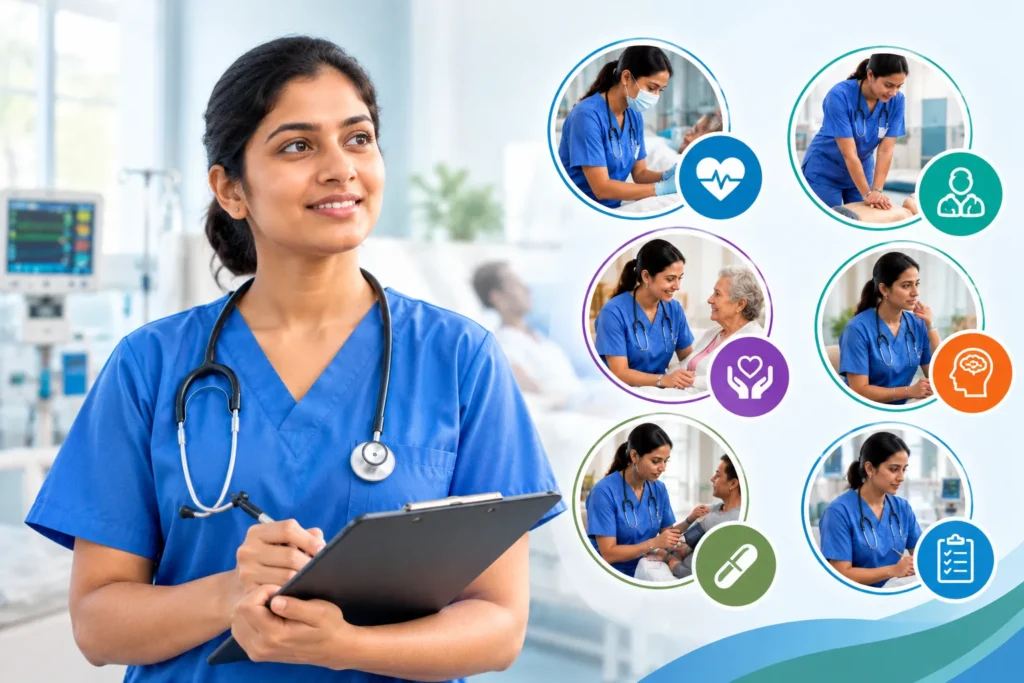 Indian nurse demonstrating essential clinical, communication, patient care, and teamwork skills in a hospital setting.