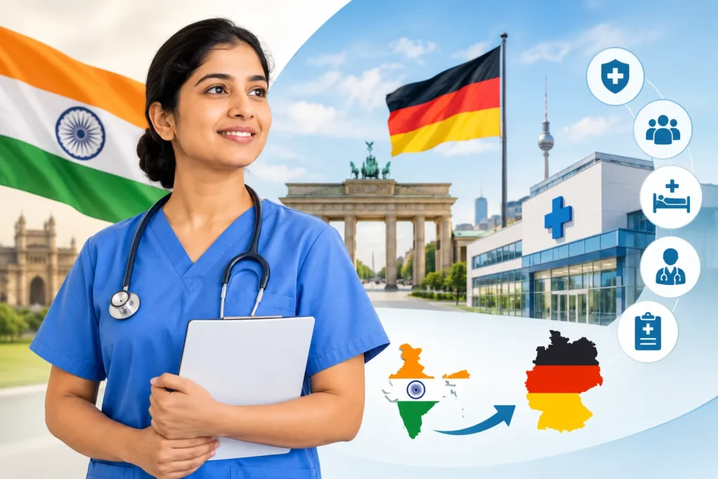 Indian nurse learning about the German healthcare system with hospital and Germany-themed visuals