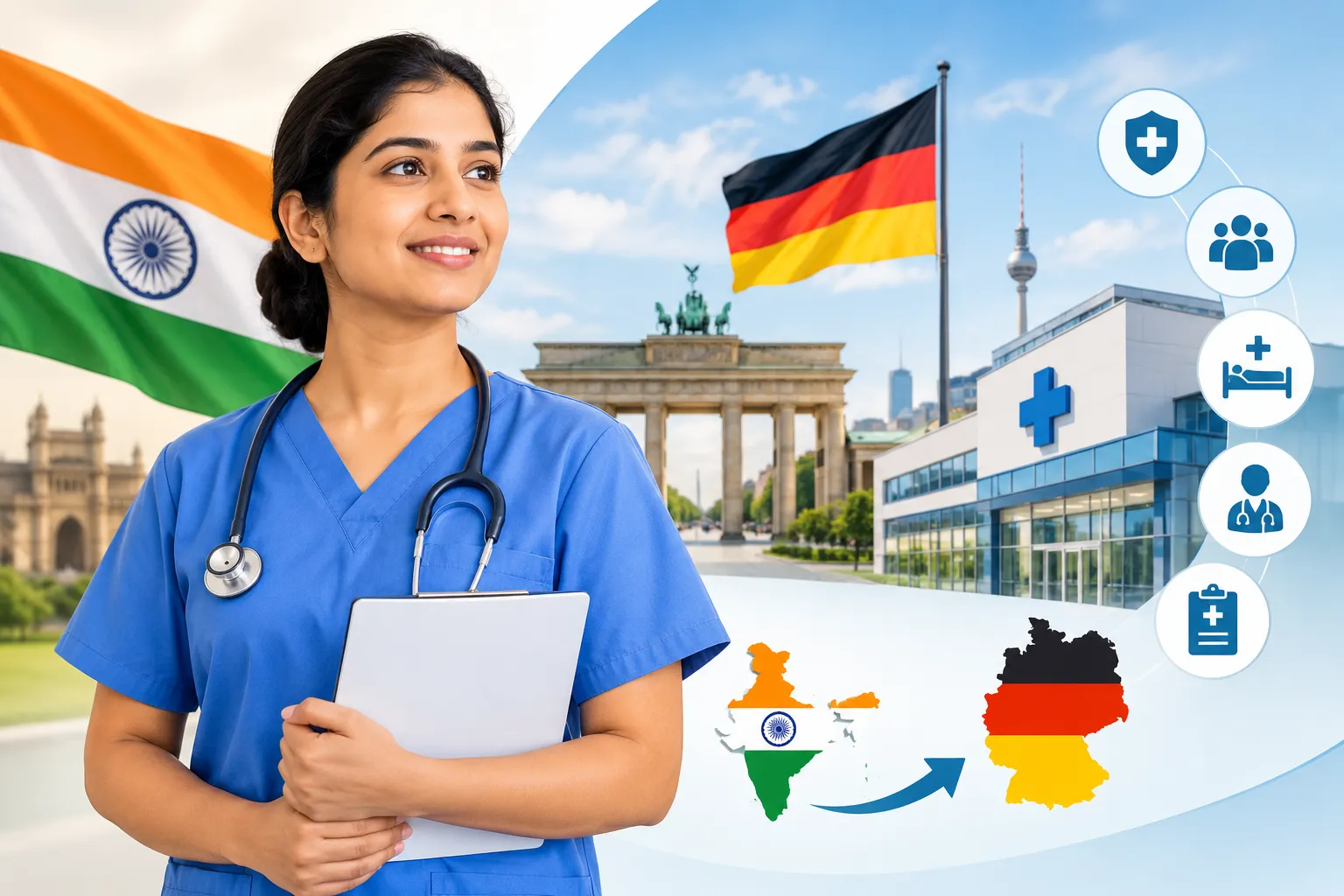 Indian nurse learning about the German healthcare system with hospital and Germany-themed visuals