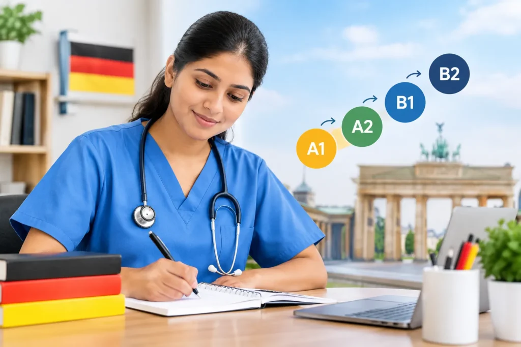 Nurse in blue scrubs studying German language with A1 to B2 proficiency levels in the background.