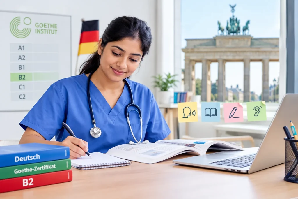 Indian nurse preparing for the Goethe B2 German language exam with study materials, textbooks, and a laptop in a German learning environment.