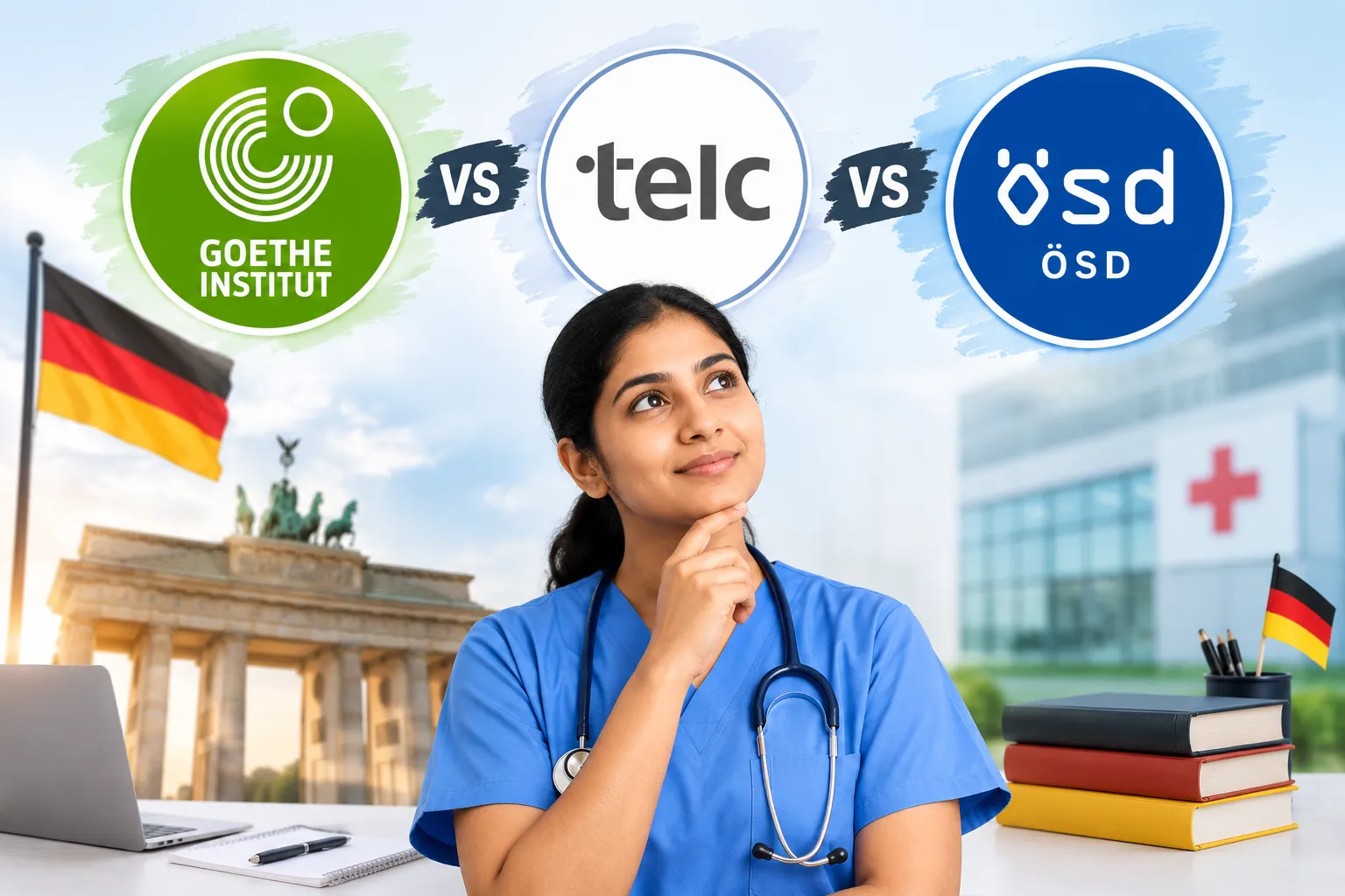 Indian nurse comparing Goethe, telc, and ÖSD German language exams for nursing jobs in Germany