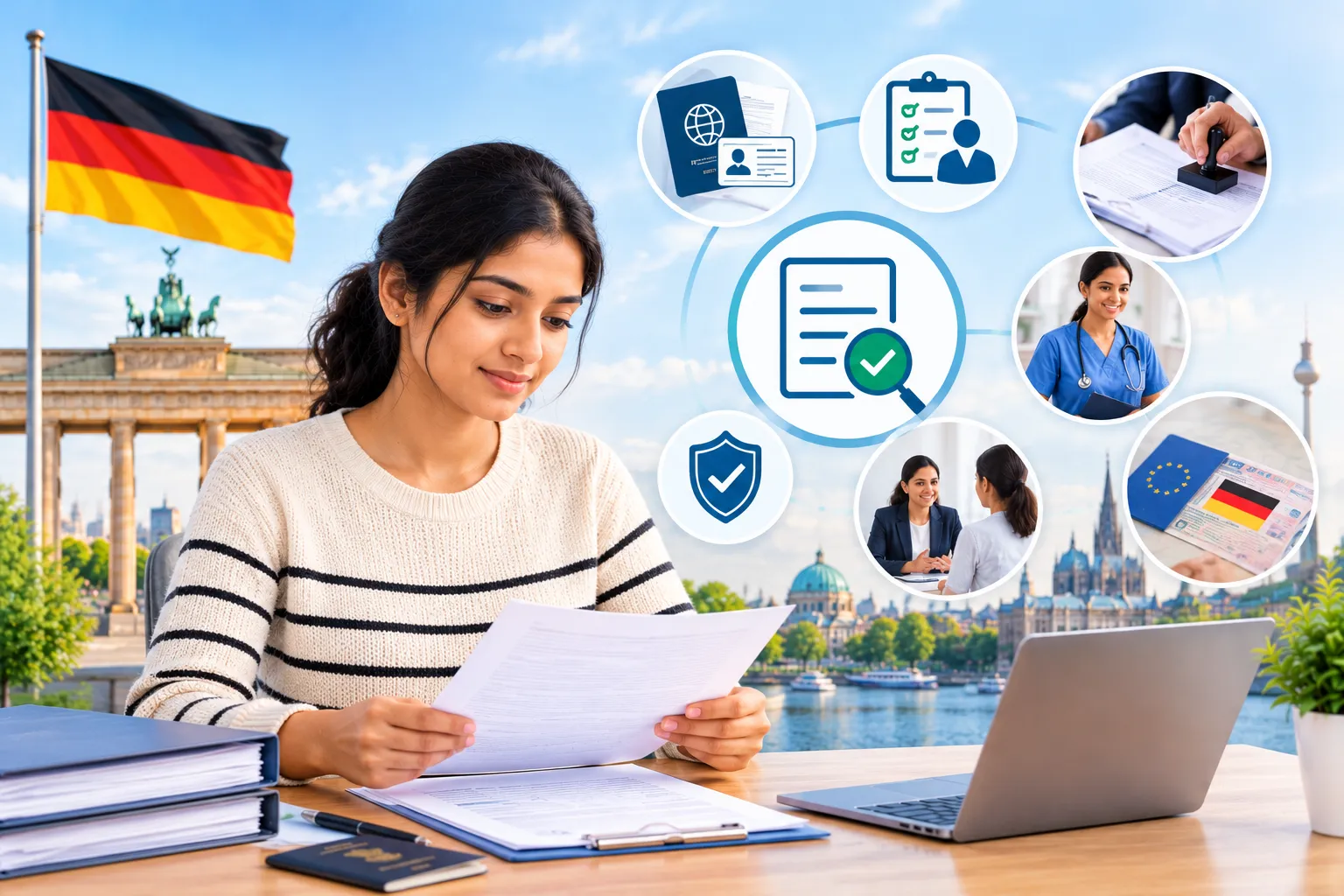 Indian woman reviewing documents for nursing career eligibility and verification in Germany