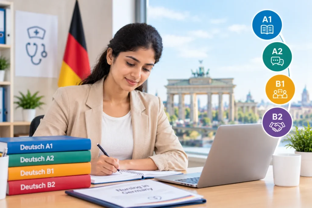 Indian woman studying German at a desk with A1 to B2 textbooks, a laptop, and a German flag while preparing for nursing jobs in Germany.