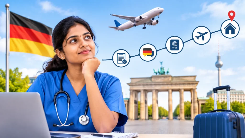 Indian nurse planning her move to Germany with visa documents, German language preparation and travel arrangements.