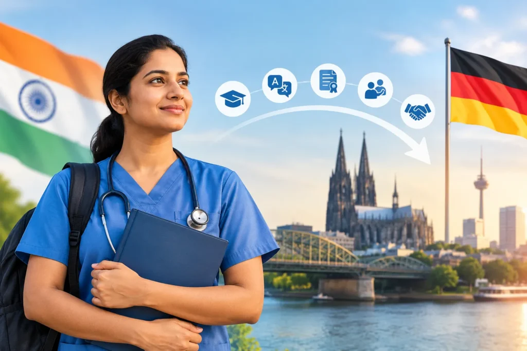 Indian nurse preparing for a nursing career in Germany, representing career support and professional opportunities abroad