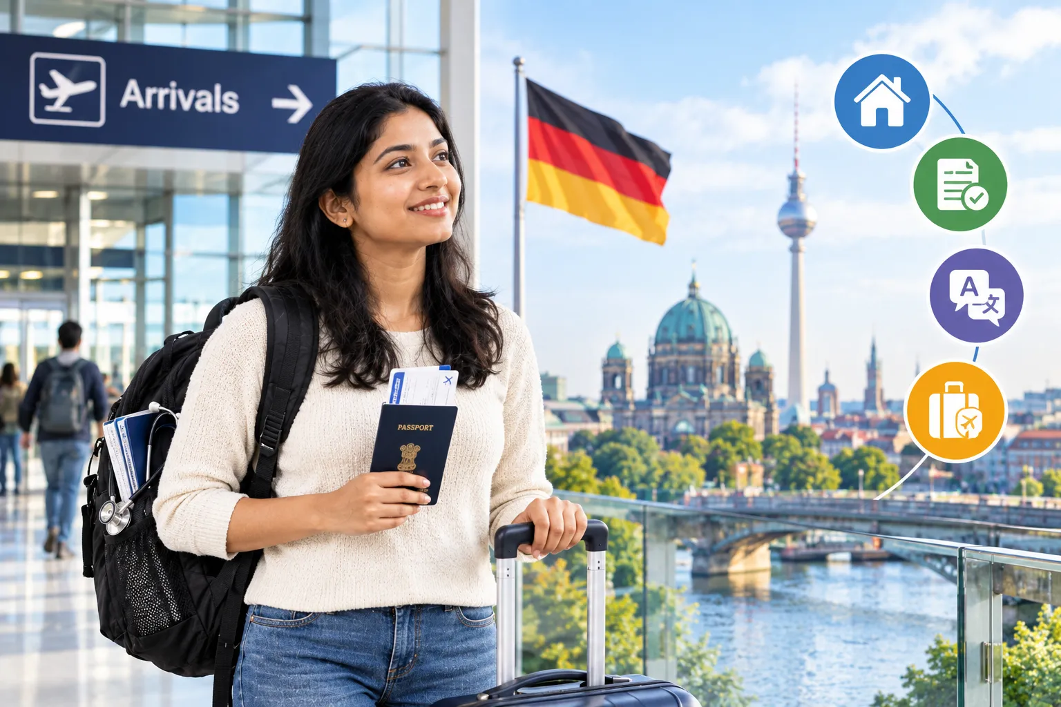 Indian nurse travelling to Germany in casual clothes with a passport, suitcase, backpack, and relocation support icons.