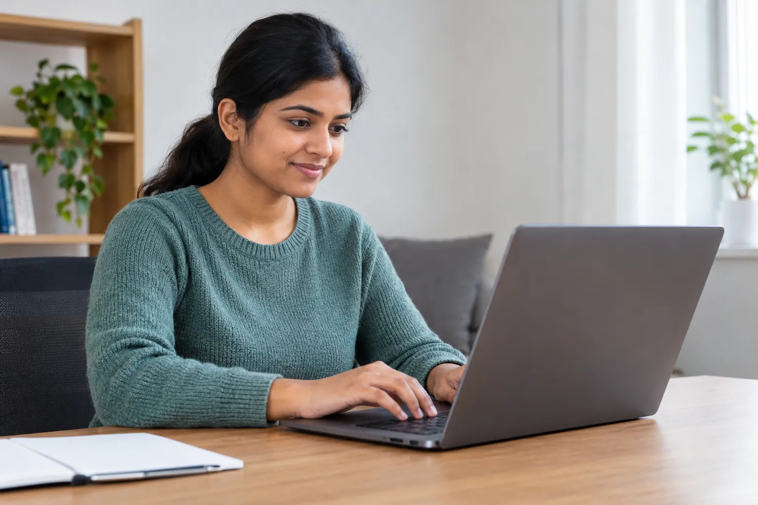 Indian nurse writing a German CV on a laptop at home