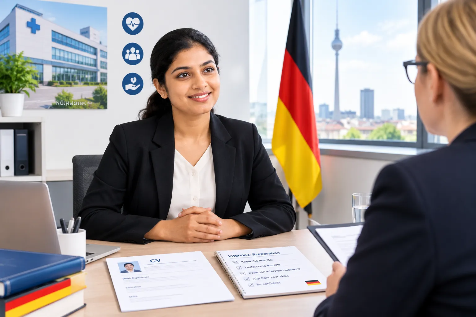Indian nursing professional preparing for a job interview in Germany in formal business attire, with a recruiter and interview documents.