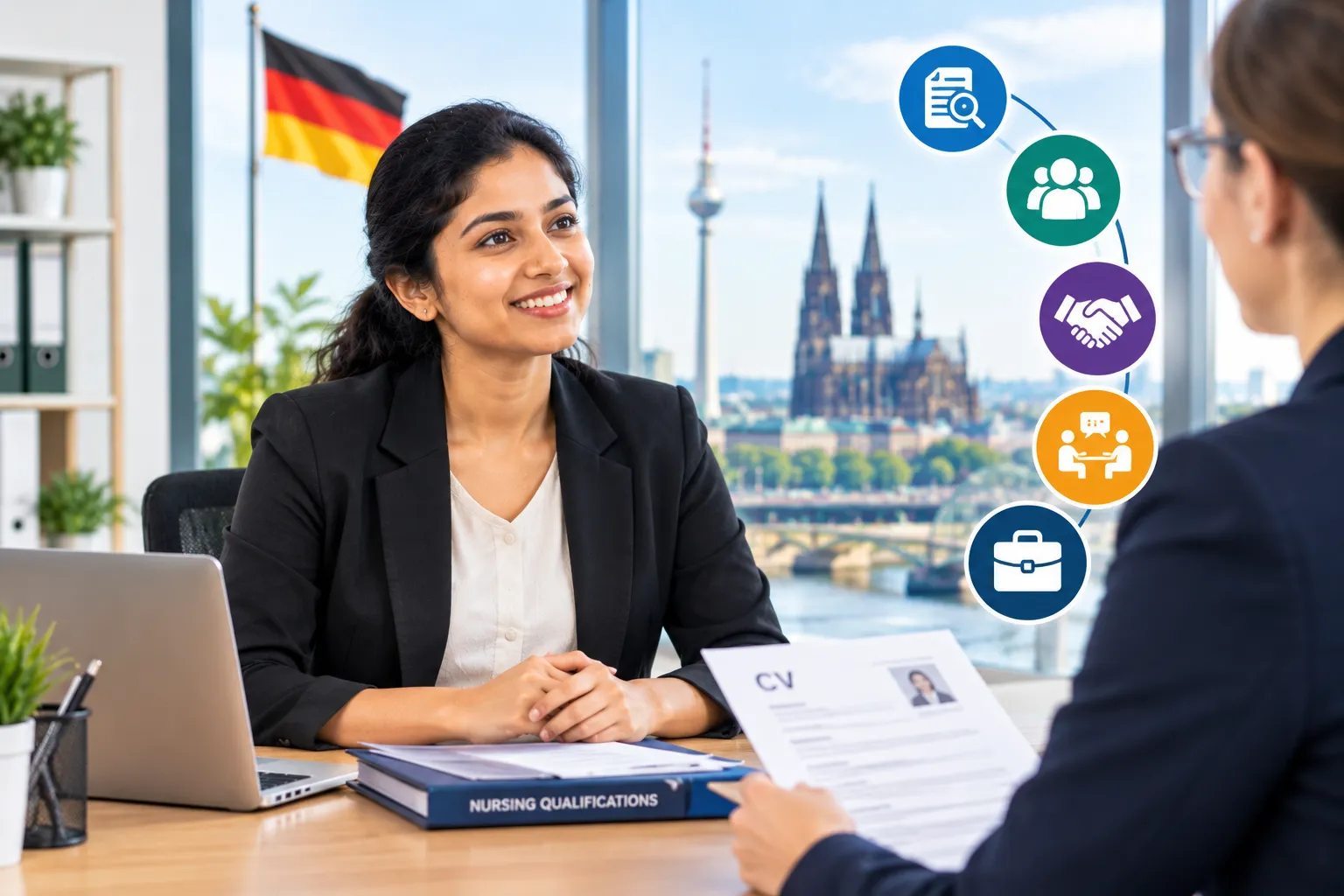 Indian nurse in professional attire attending a recruitment interview with a German employer, with a CV, nursing qualifications, and job placement icons.