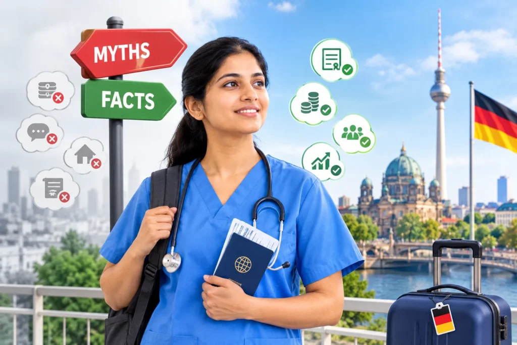 Indian nurse with passport and suitcase preparing to move to Germany, with myth and fact symbols and Berlin landmarks in the background.