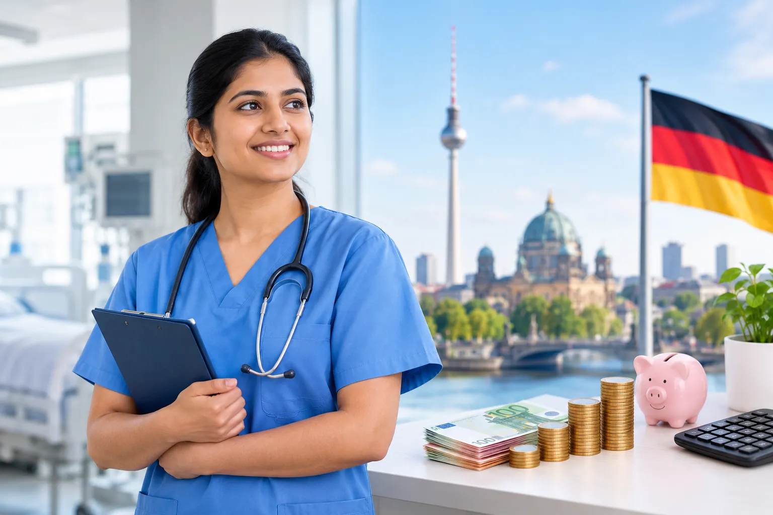 Indian nurse in blue scrubs with euro banknotes and coins in a German hospital setting, illustrating nurse salary in Germany.