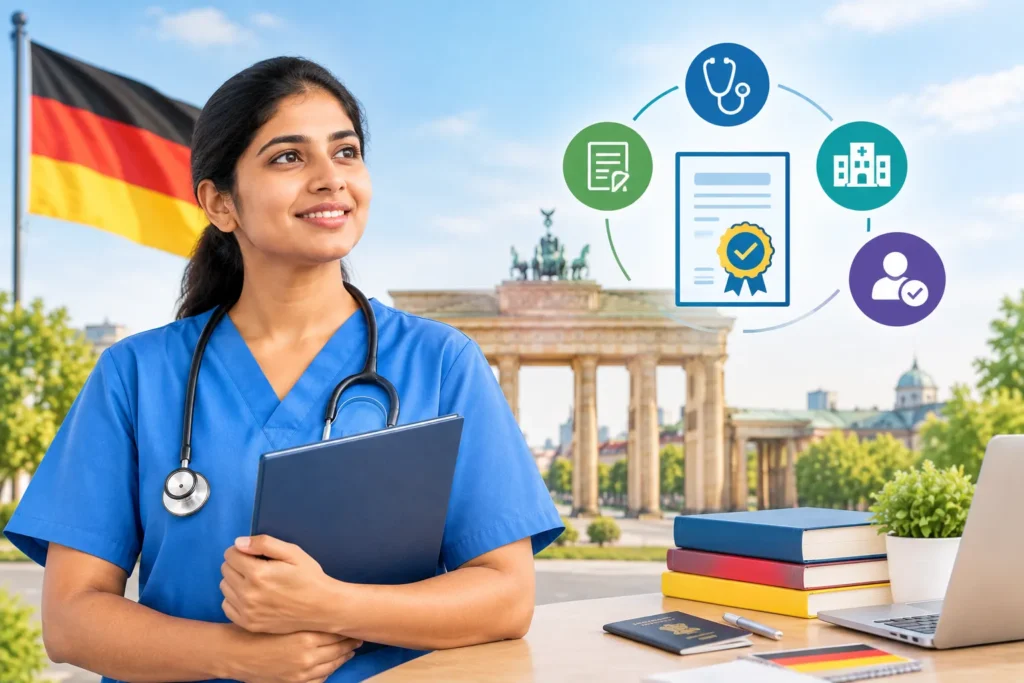 Indian nurse holding a folder in front of Berlin landmarks, representing nursing qualification recognition in Germany.