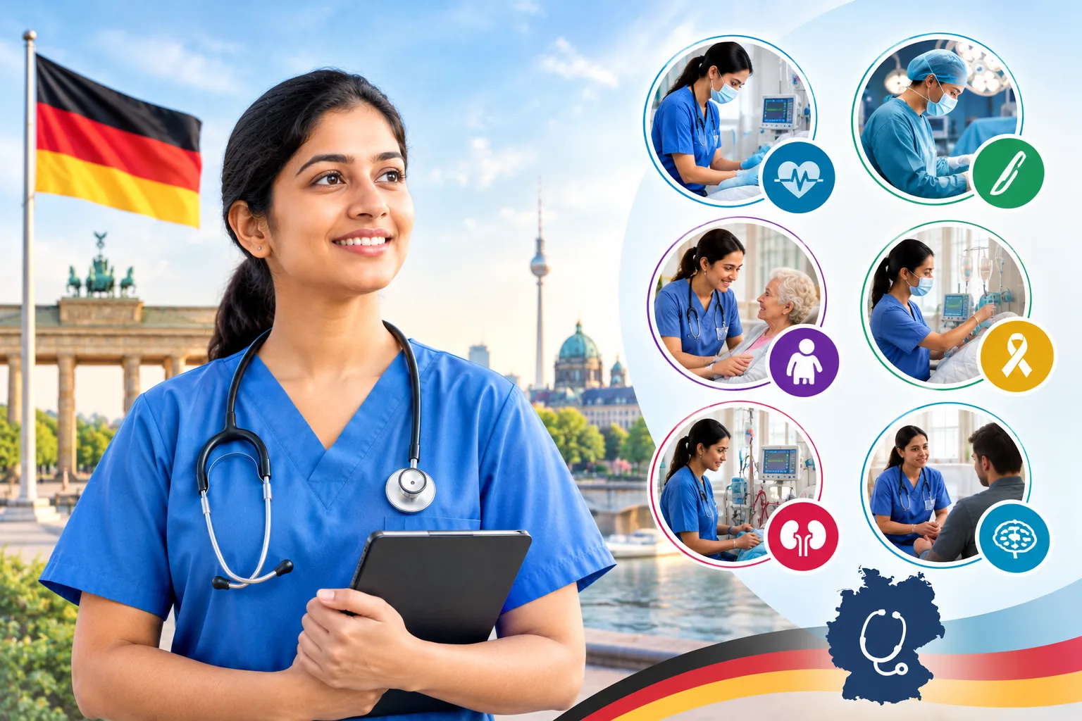 Indian nurse in blue scrubs with a stethoscope in front of German landmarks, surrounded by visual representations of nursing specialities including critical care, surgery, elderly care, oncology, dialysis, and mental health.