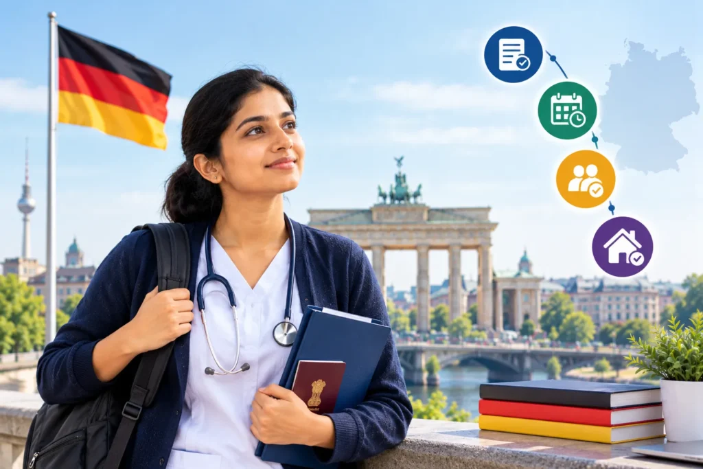 Indian nurse in Germany holding professional documents and a passport, with the German flag, Berlin landmarks, and residence eligibility icons in the background.
