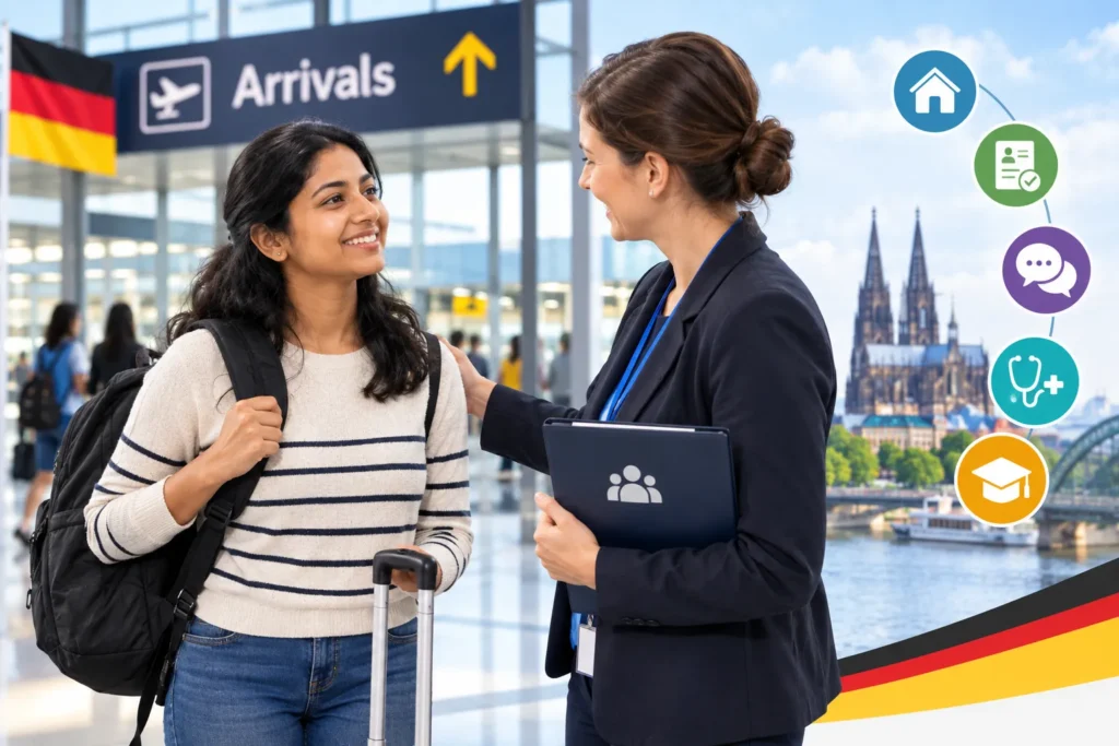 Indian nurse arriving in Germany and receiving a warm welcome, with airport arrivals signage, German landmarks, and support service icons.