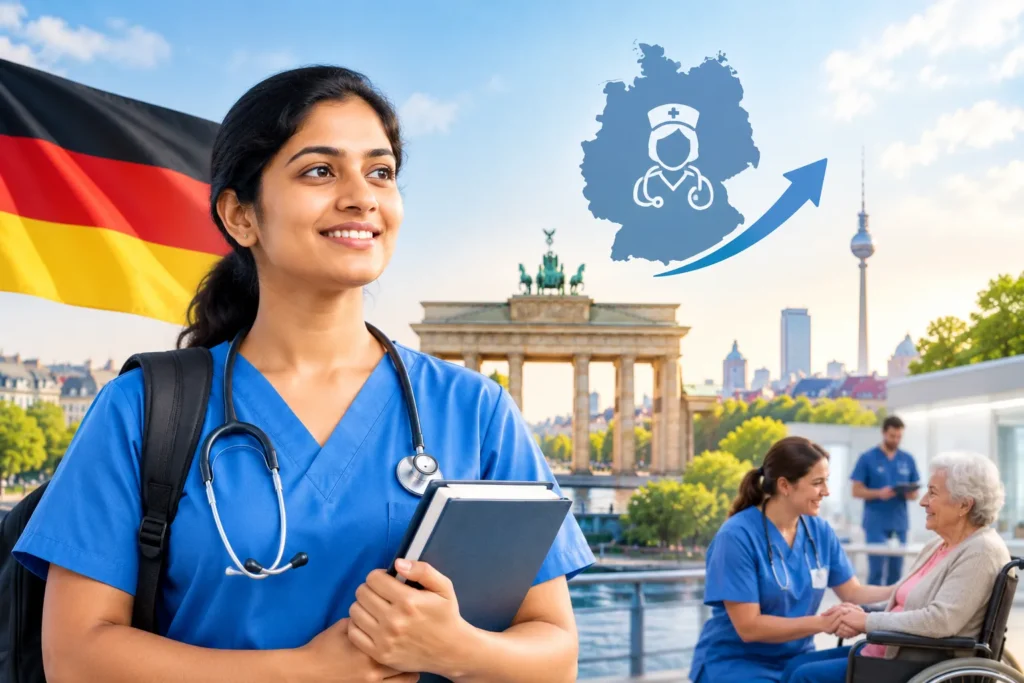 Indian nurse in blue scrubs with a stethoscope standing in front of German landmarks, representing nursing career opportunities in Germany.