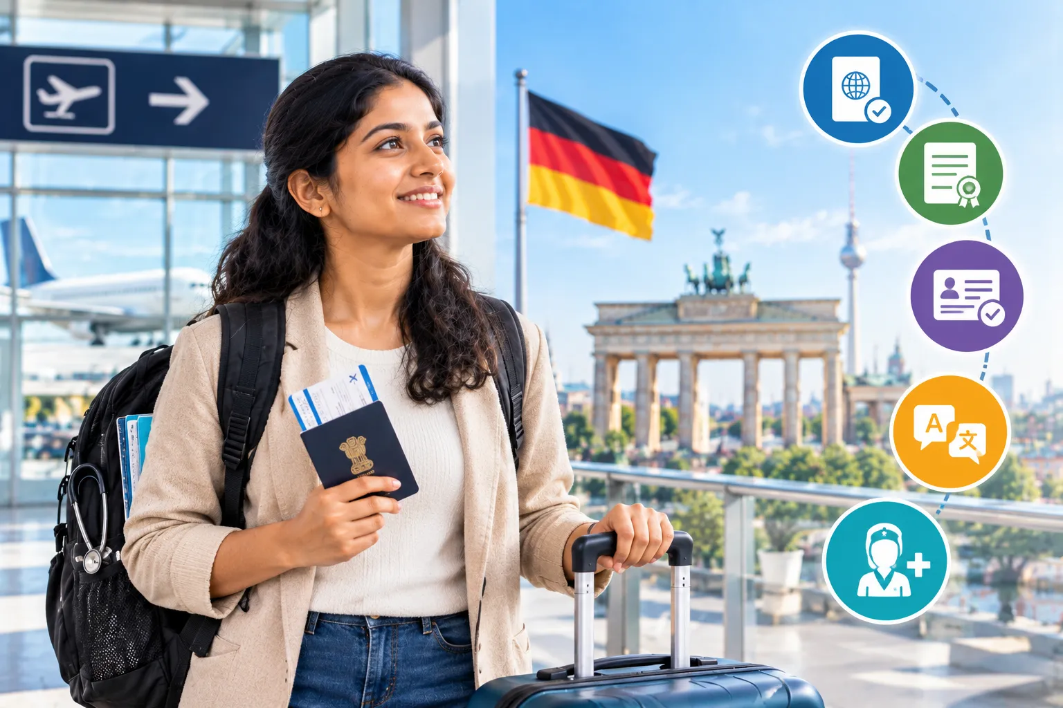 Indian nurse travelling to Germany with a passport, boarding pass, suitcase, and nursing documents, representing visa and licensing support.