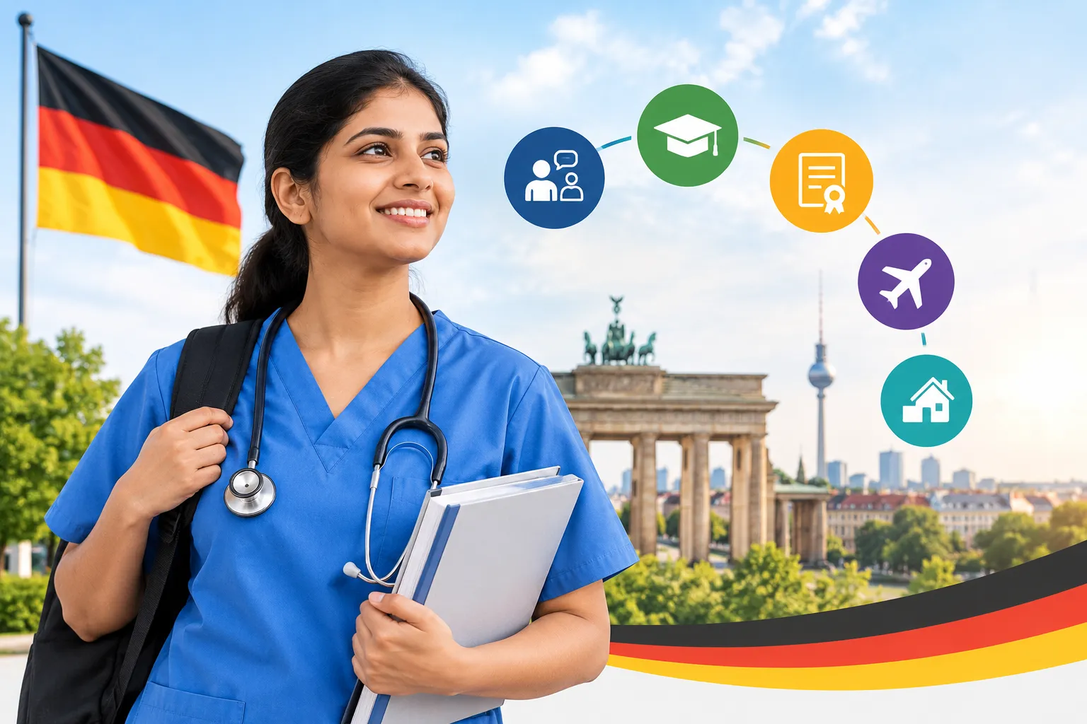 Indian nurse in blue scrubs with a stethoscope standing in front of Berlin landmarks, representing nursing career opportunities in Germany with Raahi Global.