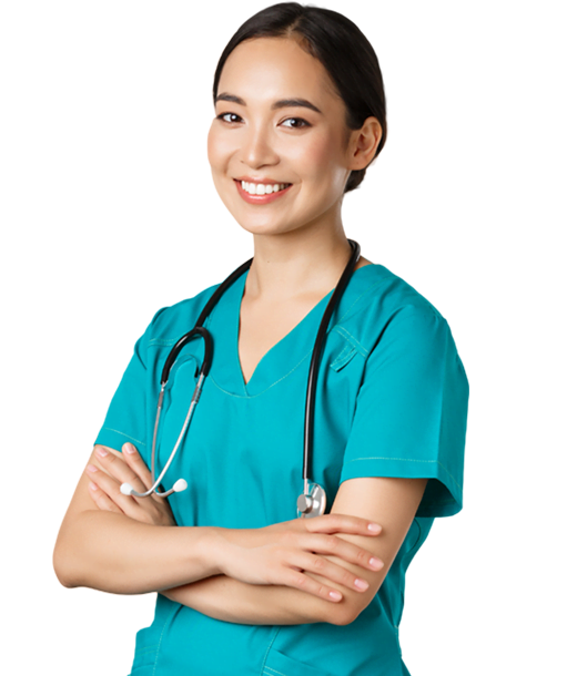 Smiling healthcare professional in teal scrubs with a stethoscope, standing with arms crossed against a white background.